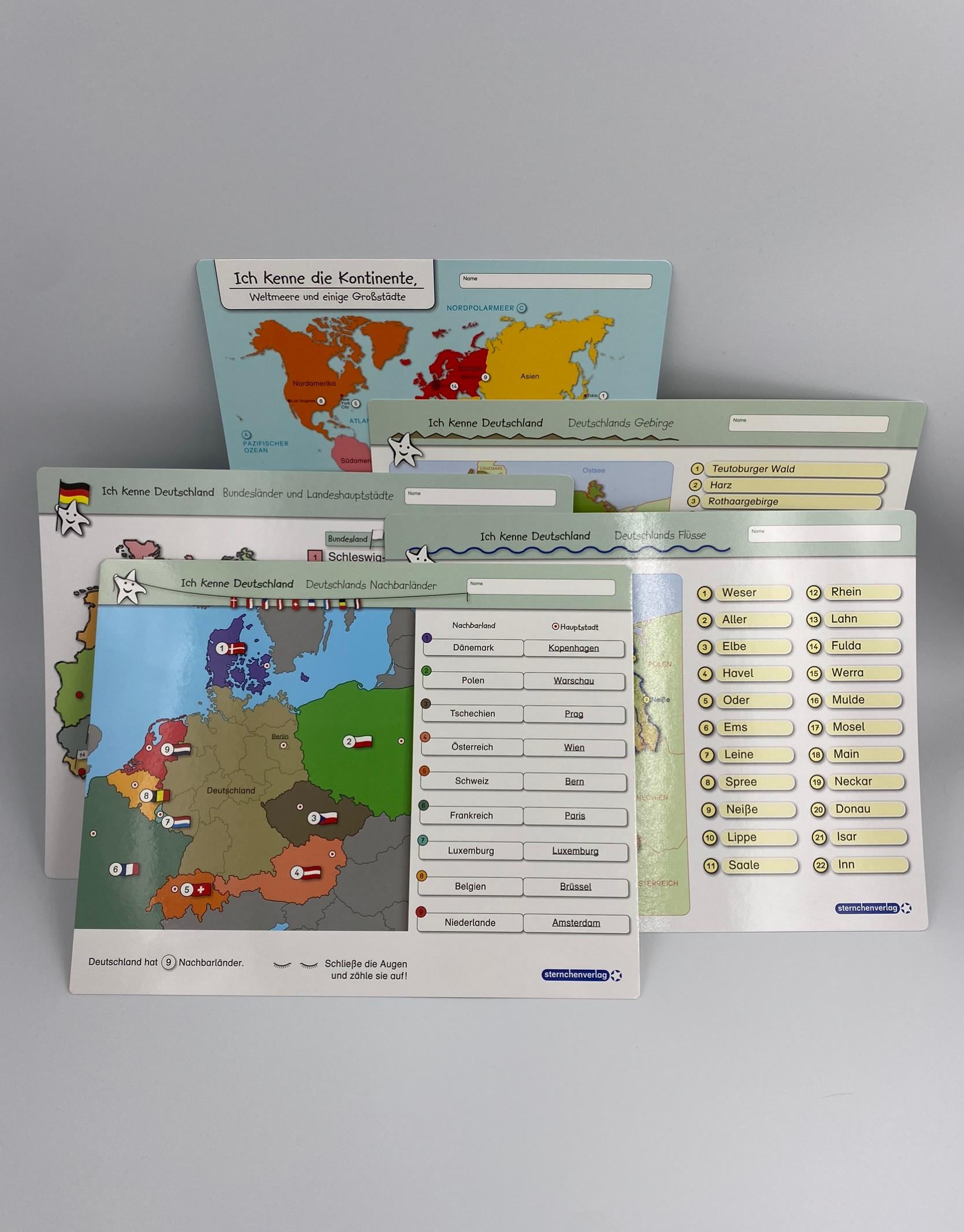 Beispielinhalt (Bild) Ich kenne Deutschland - 1. Bundesländer & Landeshauptstädte, 2. Flüsse, 3. Gebirge im Set