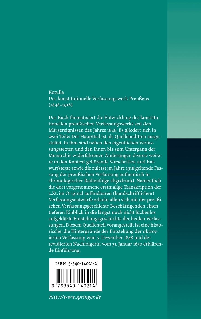 Rückseitencover Das konstitutionelle Verfassungswerk Preußens (1848-1918)