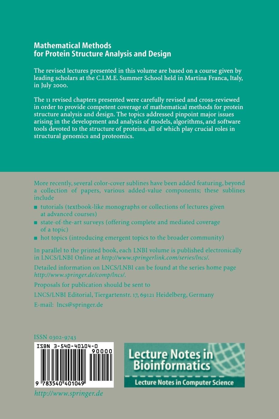 Rückseitencover Mathematical Methods for Protein Structure Analysis and Design