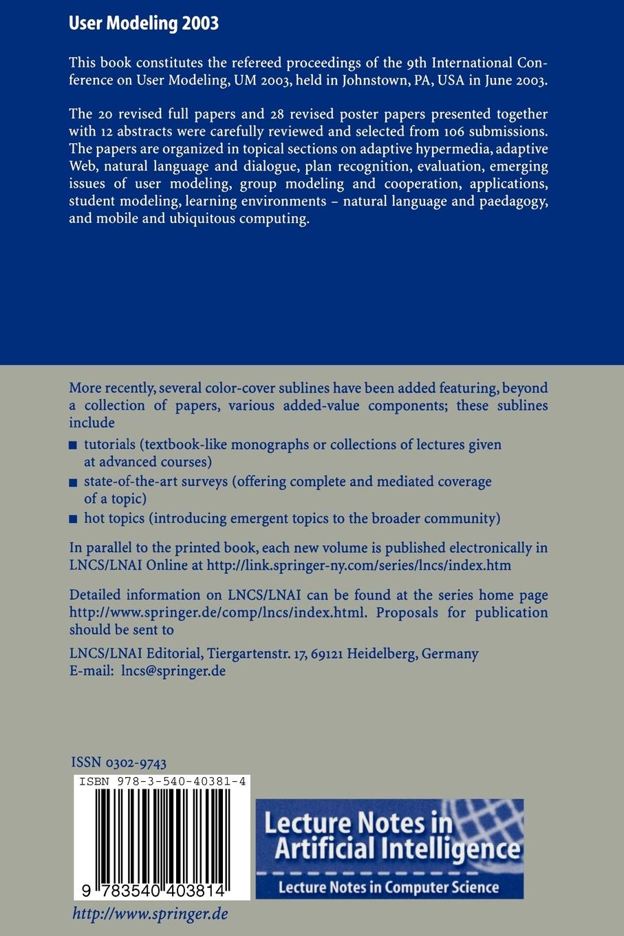 Rückseitencover User Modeling 2003