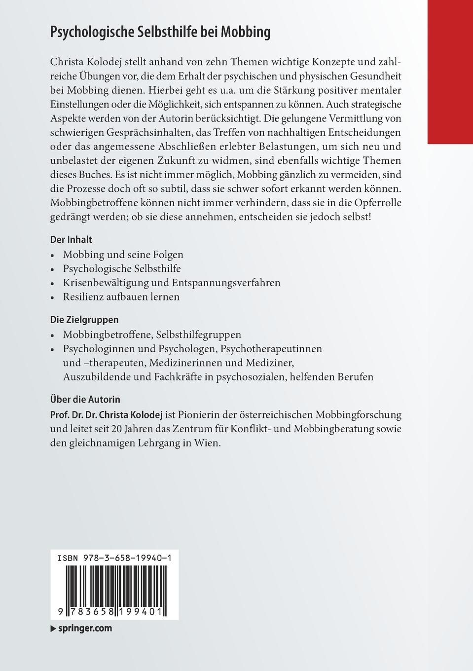 Rückseitencover Psychologische Selbsthilfe bei Mobbing