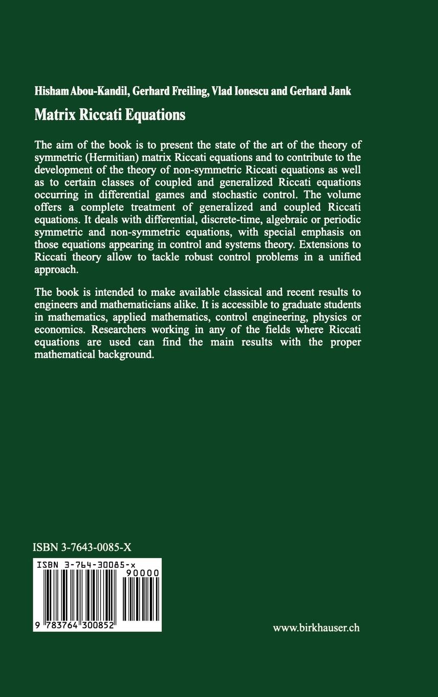 Rückseitencover Matrix Riccati Equations in Control and Systems Theory