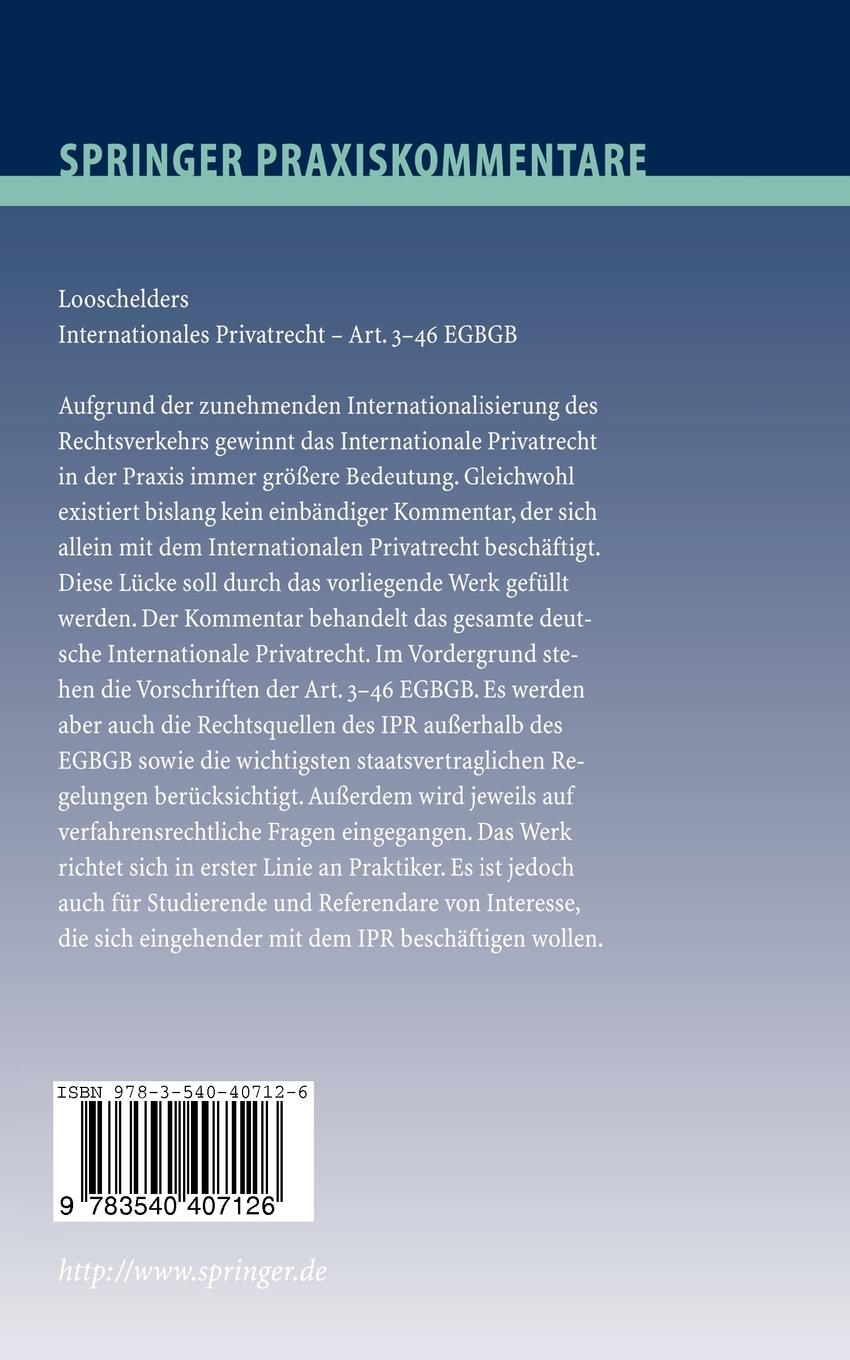 Rückseitencover Internationales Privatrecht - Art. 3-46 EGBGB