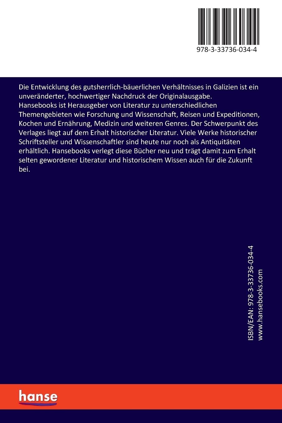 Rückseitencover Die Entwicklung des gutsherrlich-bäuerlichen Verhältnisses in Galizien