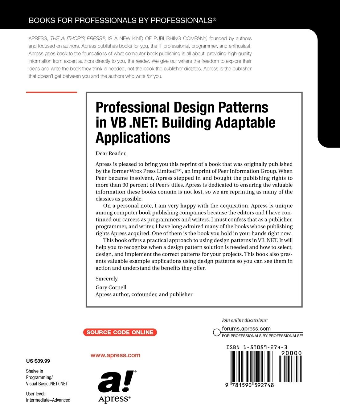 Rückseitencover Professional Design Patterns in VB .NET