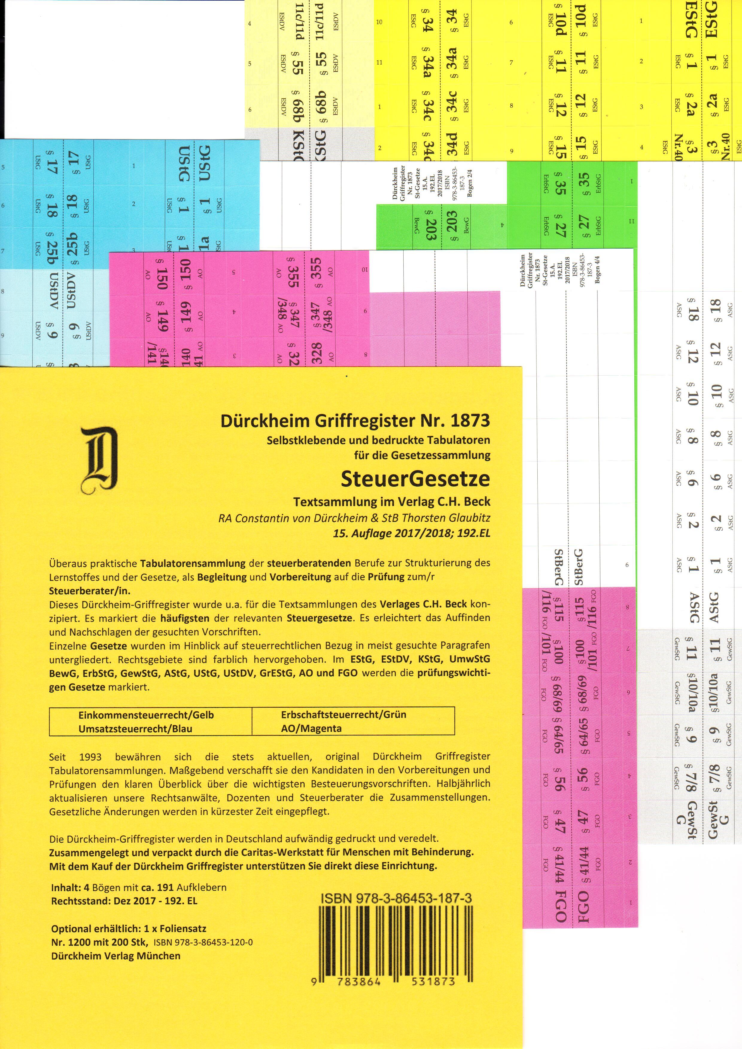 Vorderes Coverbild STEUERGESETZE Dürckheim-Griffregister Nr. 1873 (2018/192.EL)