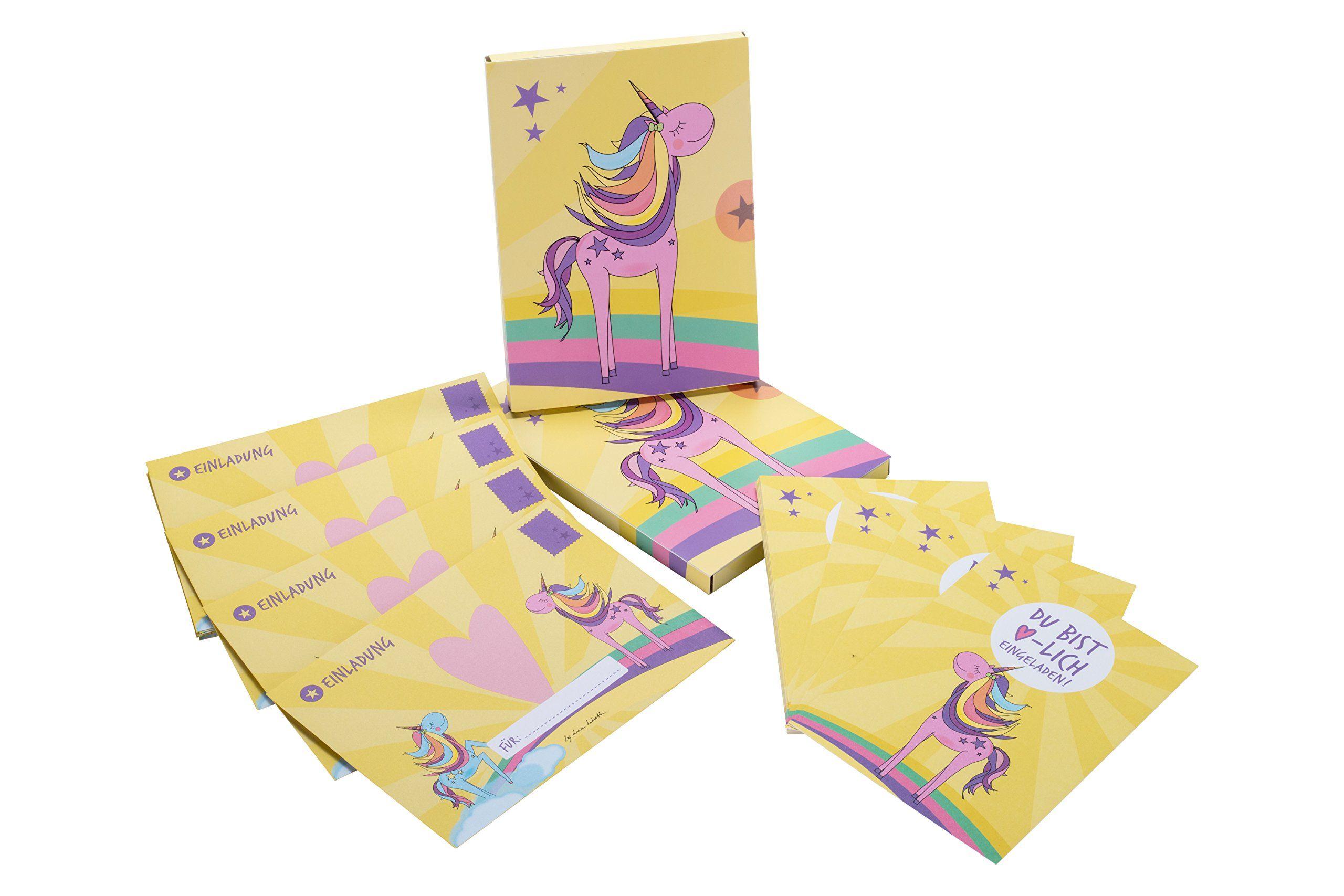 Beispielinhalt (Bild) 12 Einladungskarten Geburtstag Einhorn (Mädchen). Handgemachte Einladungskarten Kindergeburtstag inkl. 12 liebevollen Hand designten Briefumschlägen.