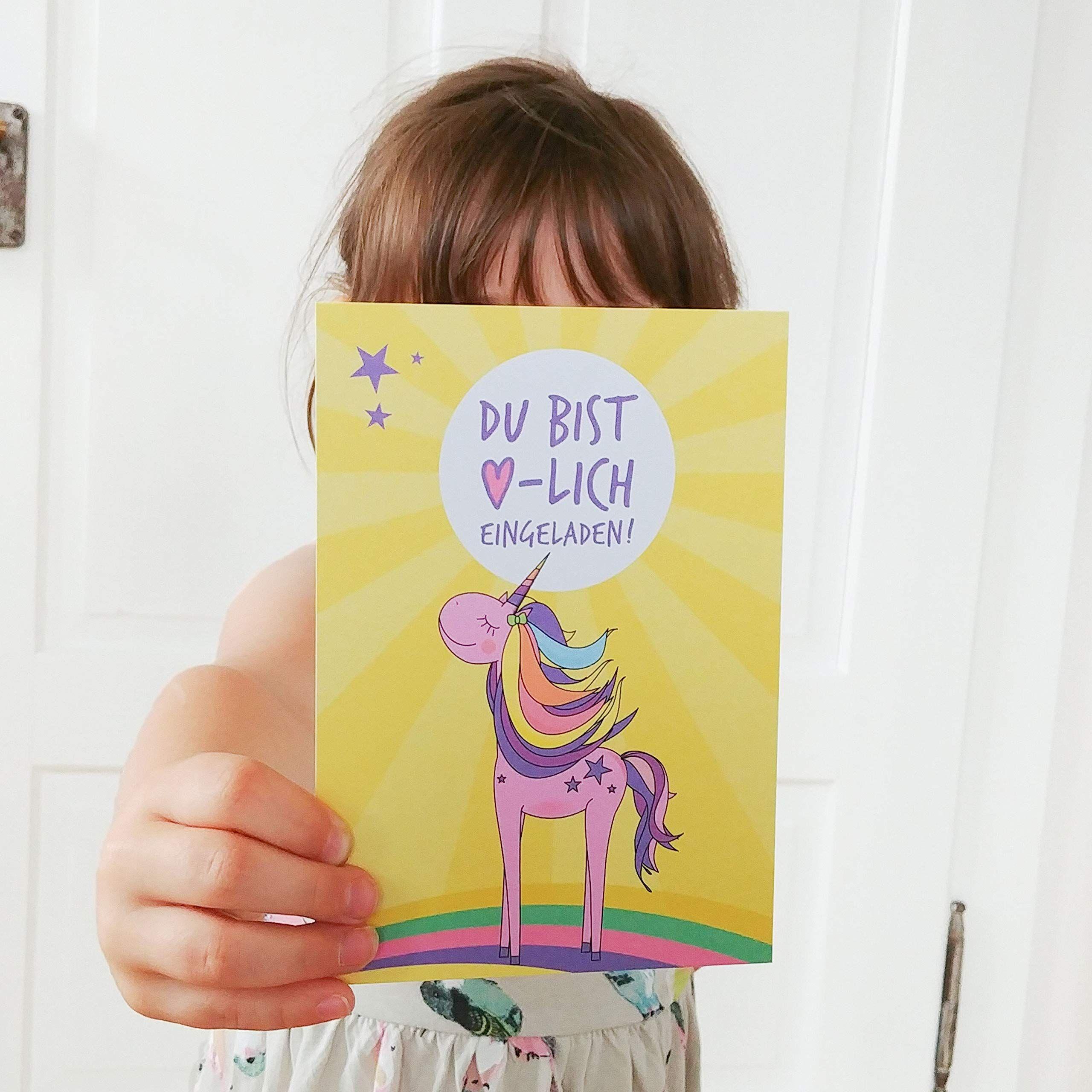 Beispielinhalt (Bild) 12 Einladungskarten Geburtstag Einhorn (Mädchen). Handgemachte Einladungskarten Kindergeburtstag inkl. 12 liebevollen Hand designten Briefumschlägen.