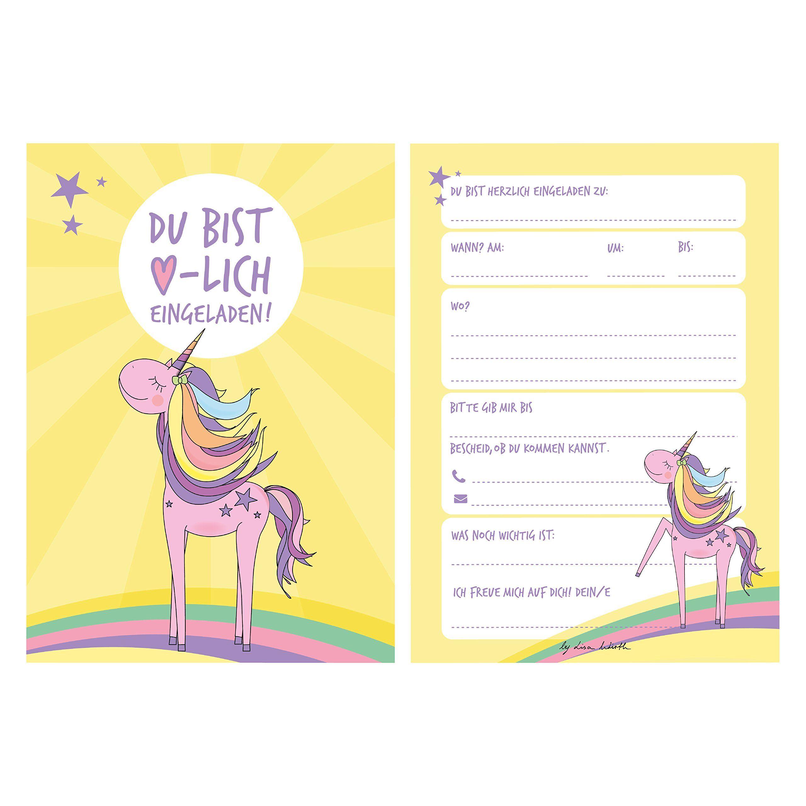 Beispielinhalt (Bild) 12 Einladungskarten Geburtstag Einhorn (Mädchen). Handgemachte Einladungskarten Kindergeburtstag inkl. 12 liebevollen Hand designten Briefumschlägen.