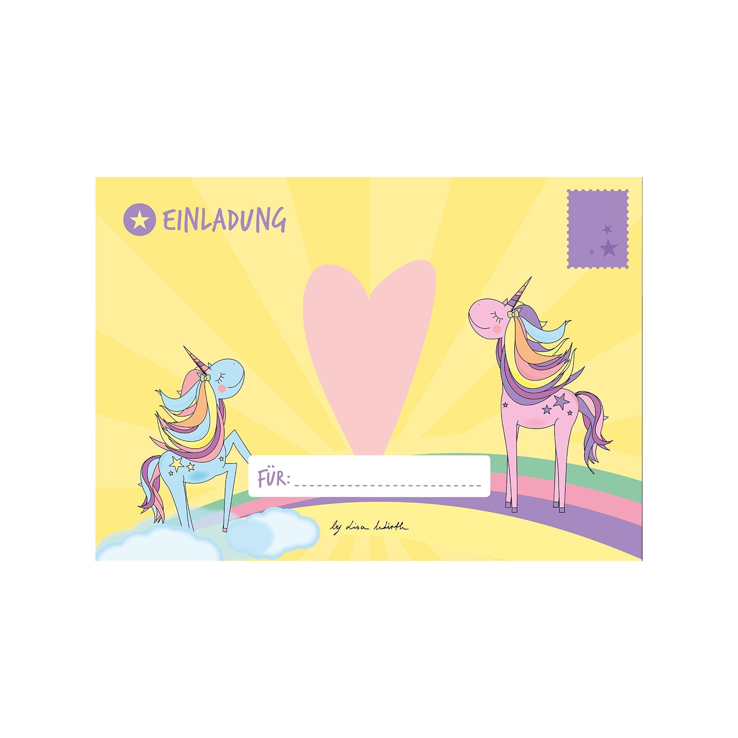 Beispielinhalt (Bild) 12 Einladungskarten Geburtstag Einhorn (Mädchen). Handgemachte Einladungskarten Kindergeburtstag inkl. 12 liebevollen Hand designten Briefumschlägen.