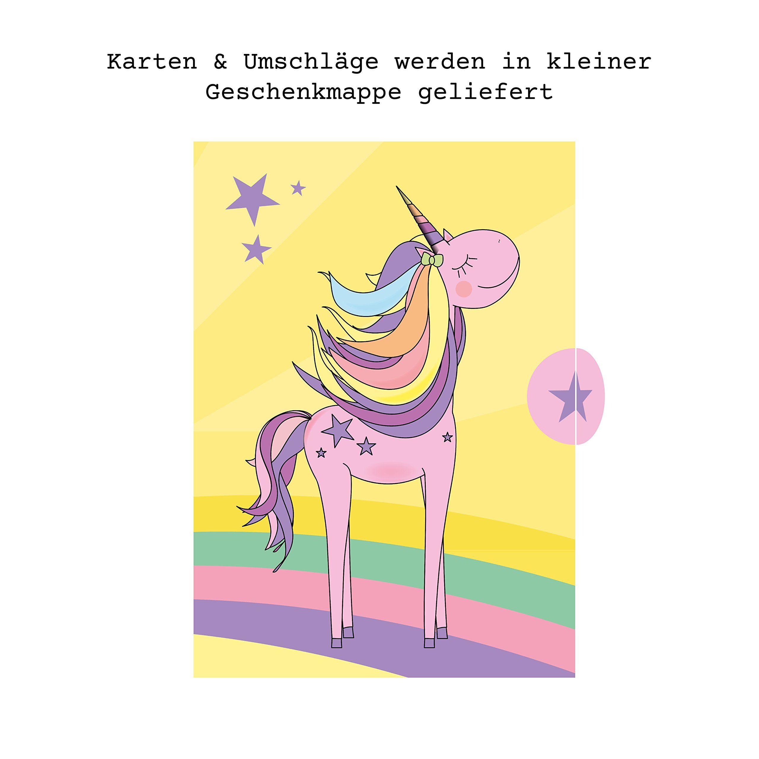 Beispielinhalt (Bild) 12 Einladungskarten Geburtstag Einhorn (Mädchen). Handgemachte Einladungskarten Kindergeburtstag inkl. 12 liebevollen Hand designten Briefumschlägen.