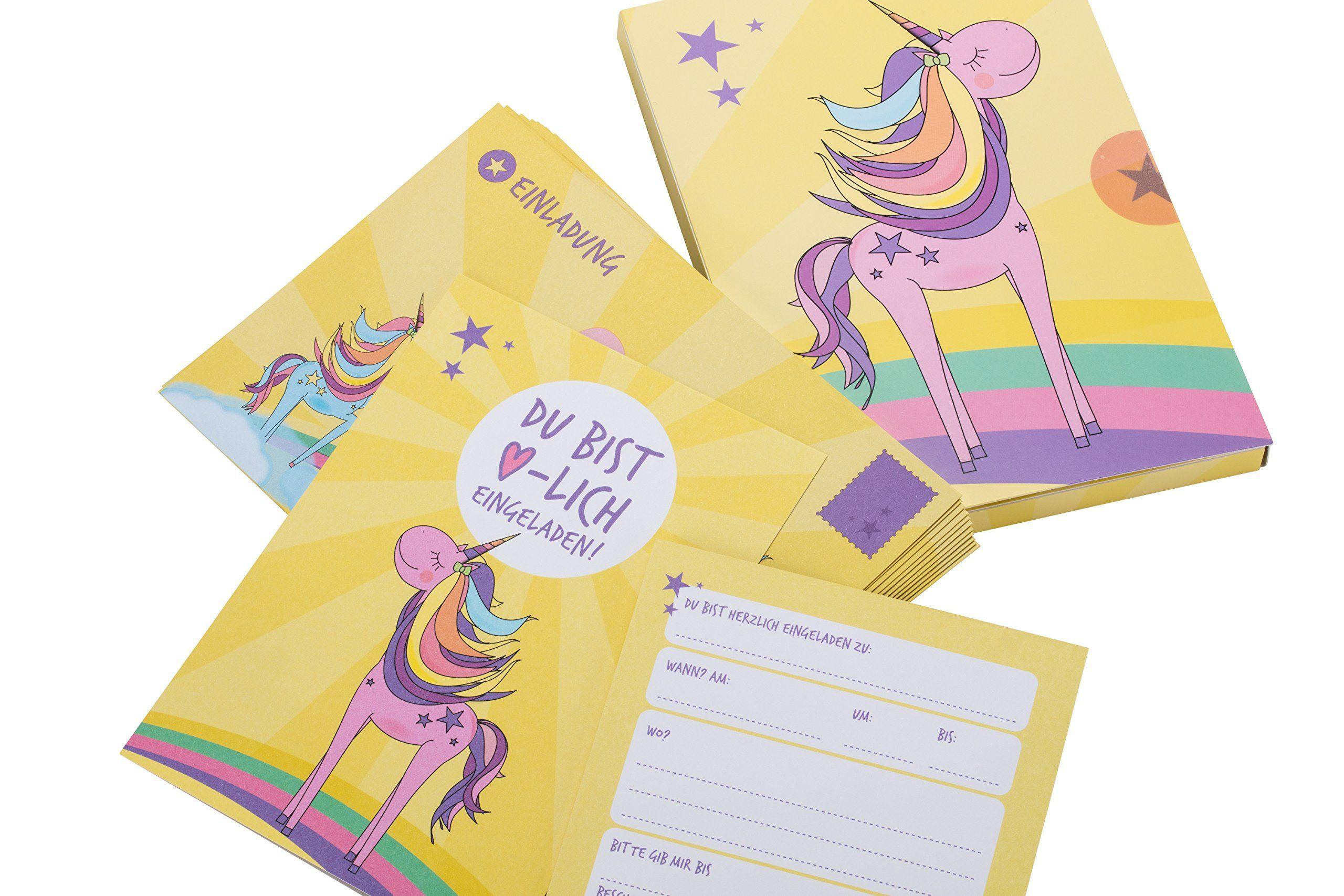 Beispielinhalt (Bild) 12 Einladungskarten Geburtstag Einhorn (Mädchen). Handgemachte Einladungskarten Kindergeburtstag inkl. 12 liebevollen Hand designten Briefumschlägen.