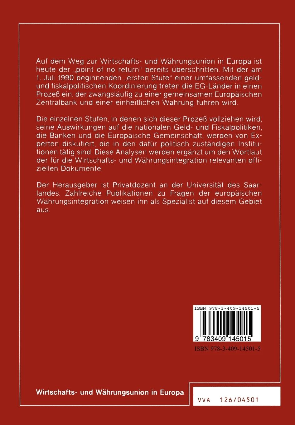 Rückseitencover Der Weg zur Wirtschafts- und Währungsunion in Europa