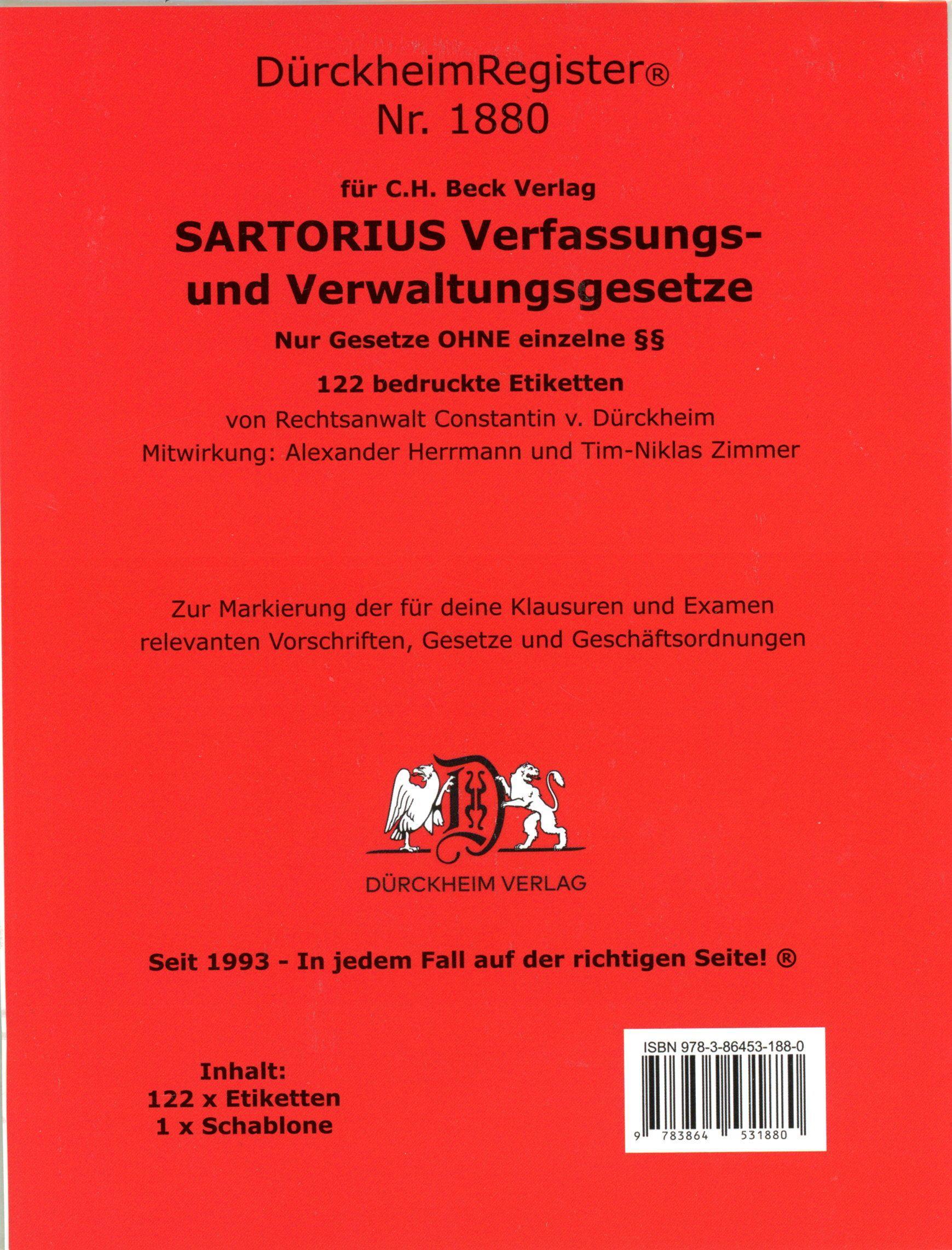 Vorderes Coverbild DürckheimRegister® SARTORIUS 1 OHNE §§ (2022)