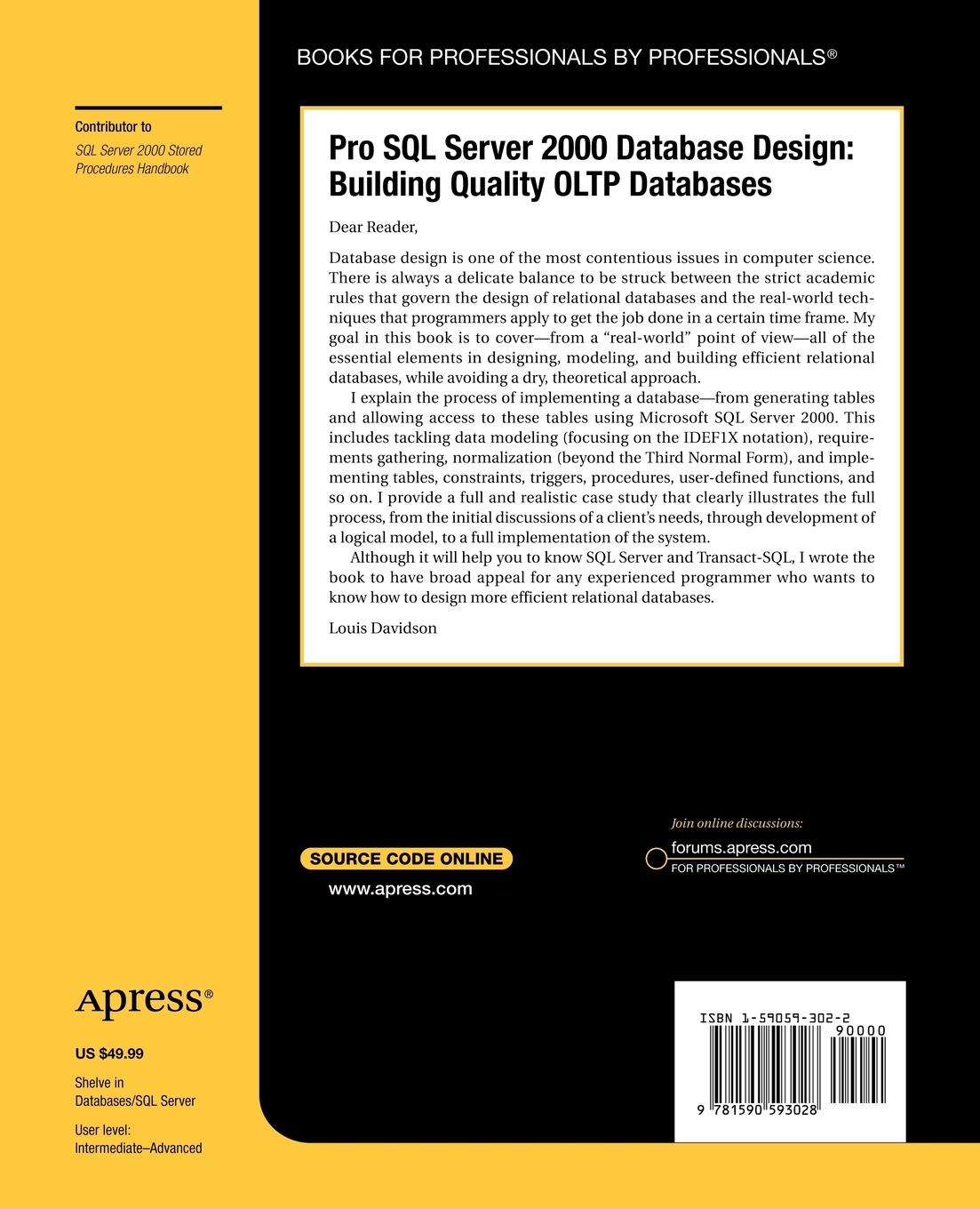 Rückseitencover Pro SQL Server 2000 Database Design
