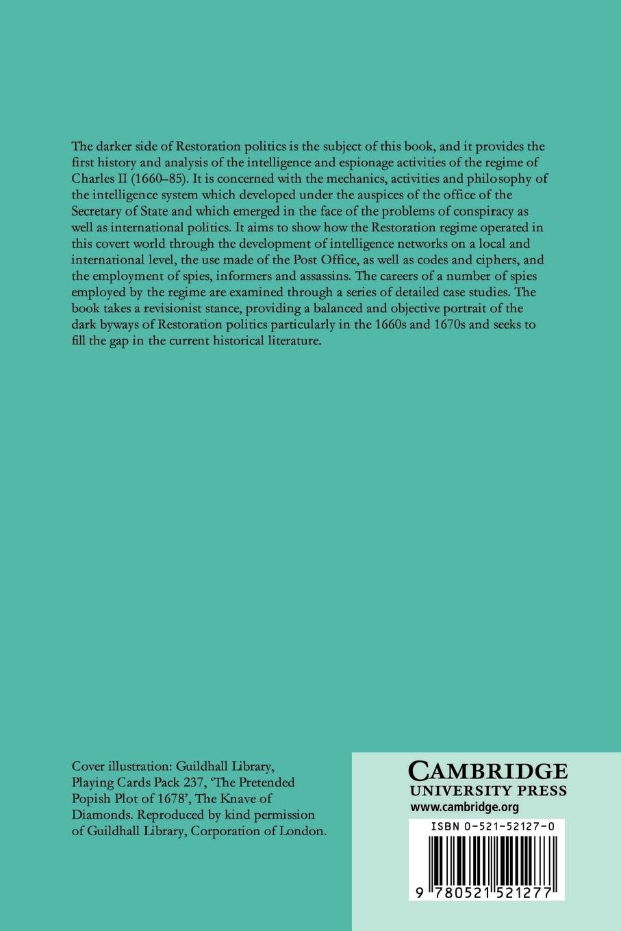 Rückseitencover Intelligence and Espionage in the Reign of Charles II, 1660 1685