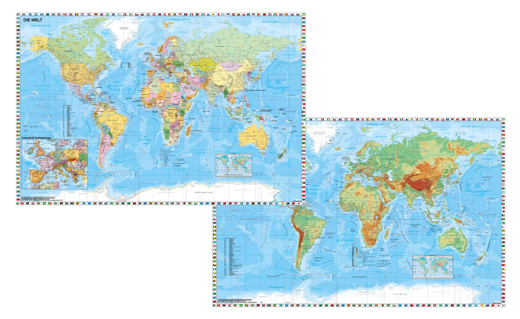 Vorderes Coverbild Weltkarte mit Ausschnitt Zentraleuropa / Weltkarte physisch. Duo-Schreibunterlage