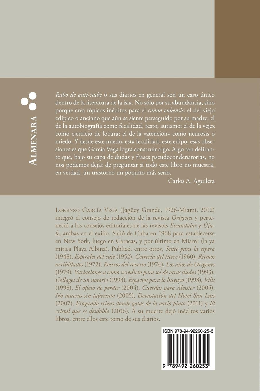 Rückseitencover Rabo de anti-nube. Diarios 2002-2009. Edición y prólogo de Carlos A. Aguilera