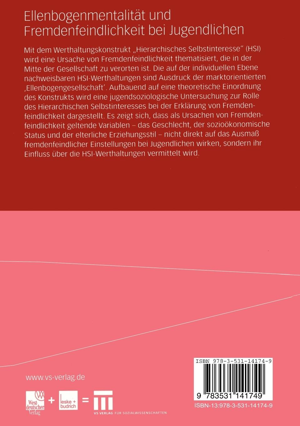 Rückseitencover Ellenbogenmentalität und Fremdenfeindlichkeit bei Jugendlichen