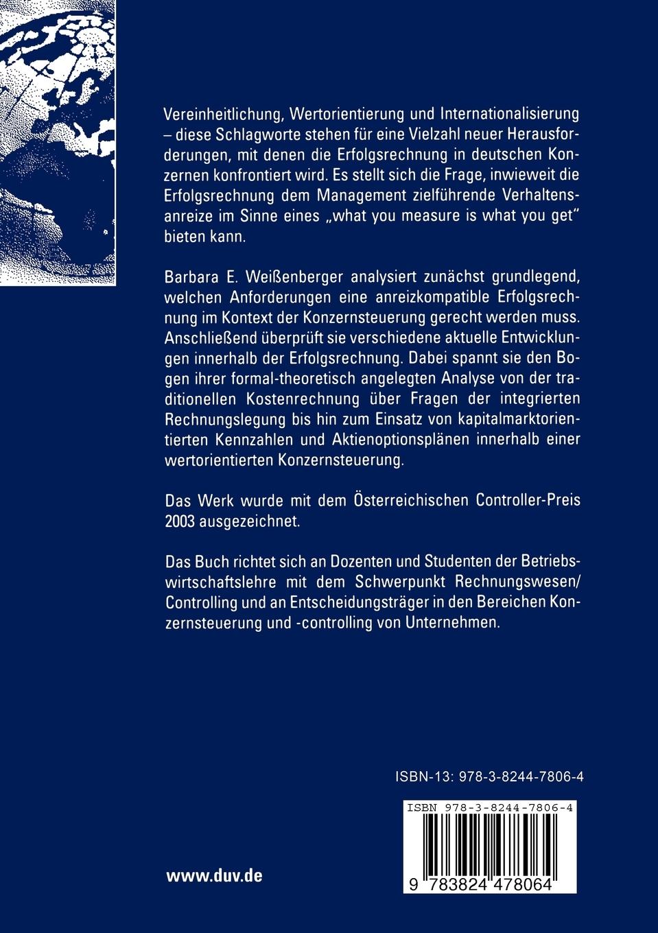 Rückseitencover Anreizkompatible Erfolgsrechnung im Konzern