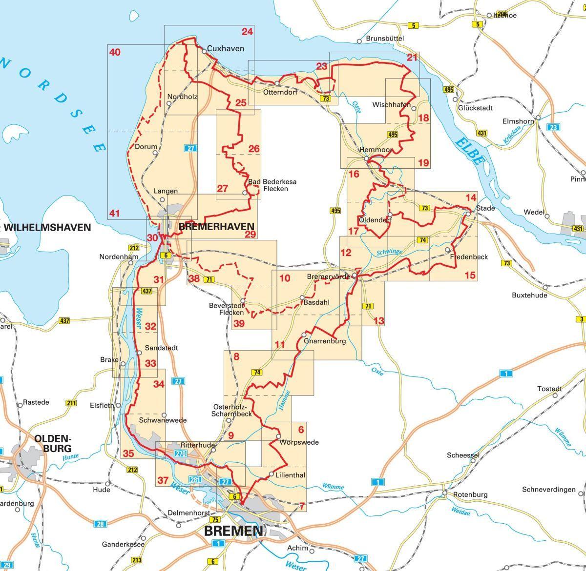 Beispielinhalt (Bild) Kompakt-Spiralo BVA Vom Teufelsmoor zum Wattenmeer Naturerlebnis im Land zwischen Elbe, Weser und Nordsee Radwanderkarte 1:75.000