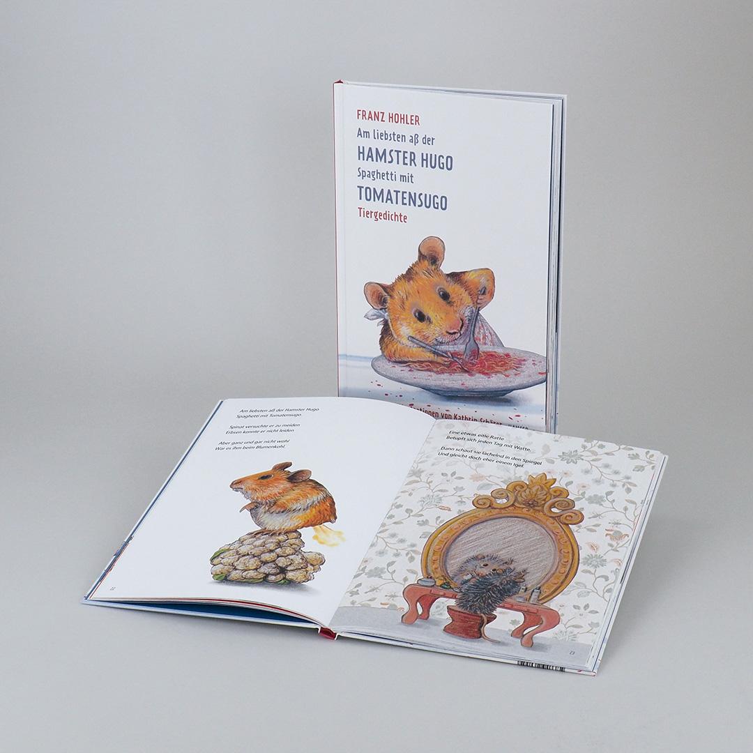 Beispielinhalt (Bild) Am liebsten aß der Hamster Hugo Spaghetti mit Tomatensugo