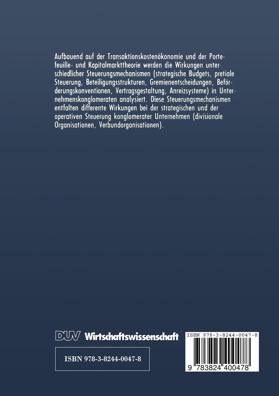 Rückseitencover Anreiz und Steuerung in Unternehmenskonglomeraten
