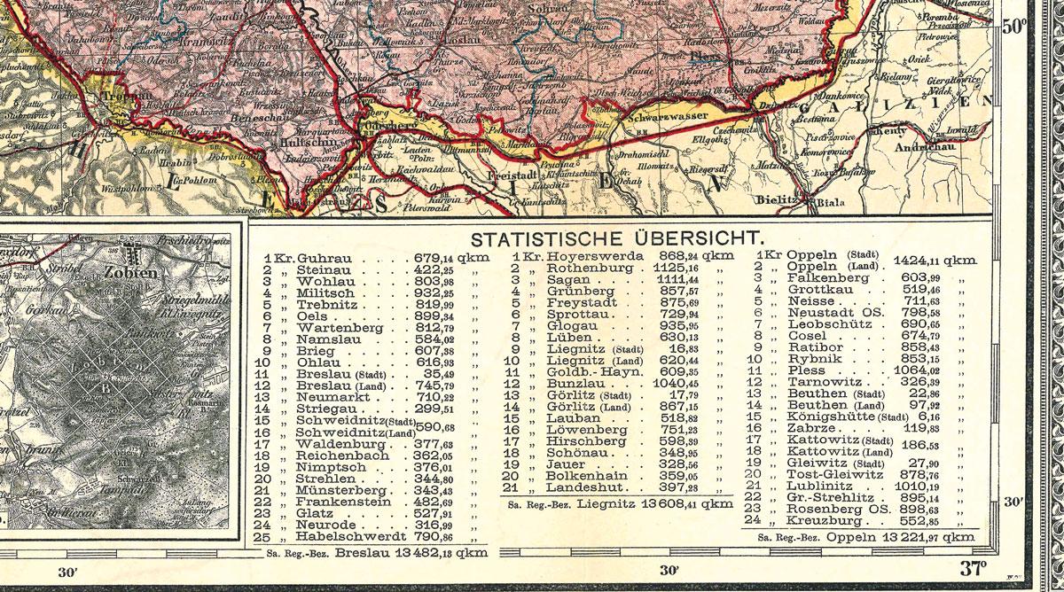 Beispielinhalt (Bild) Historische Karte: Provinz SCHLESIEN im Deutschen Reich - um 1910 [gerollt]