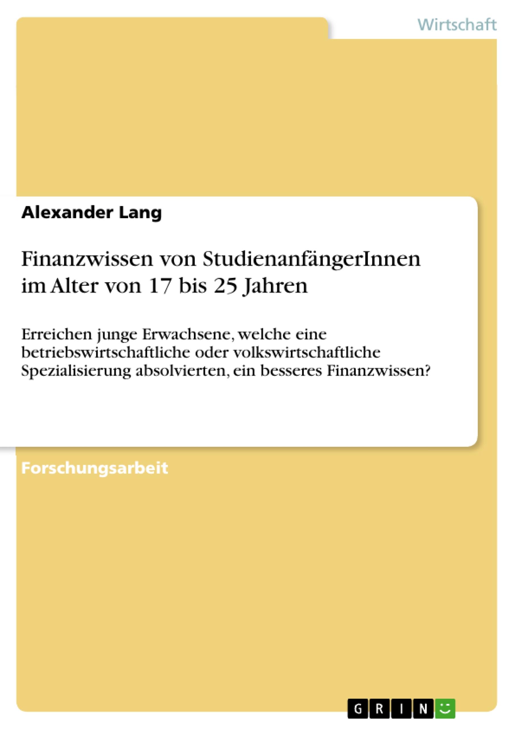 Vorderes Coverbild Finanzwissen von StudienanfängerInnen im Alter von 17 bis 25 Jahren