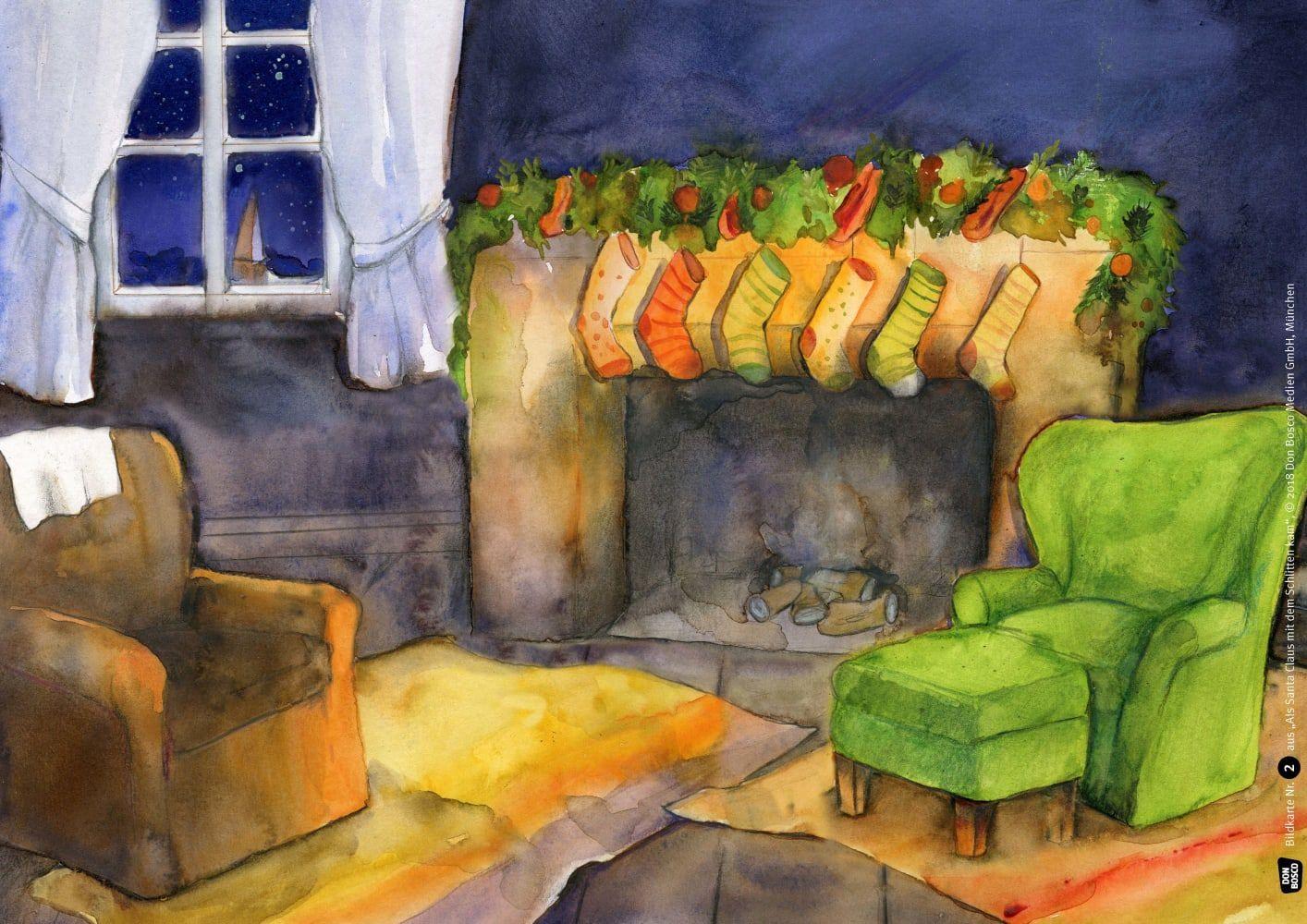 Beispielinhalt (Bild) Als Santa Claus mit dem Schlitten kam. Kamishibai Bildkartenset.