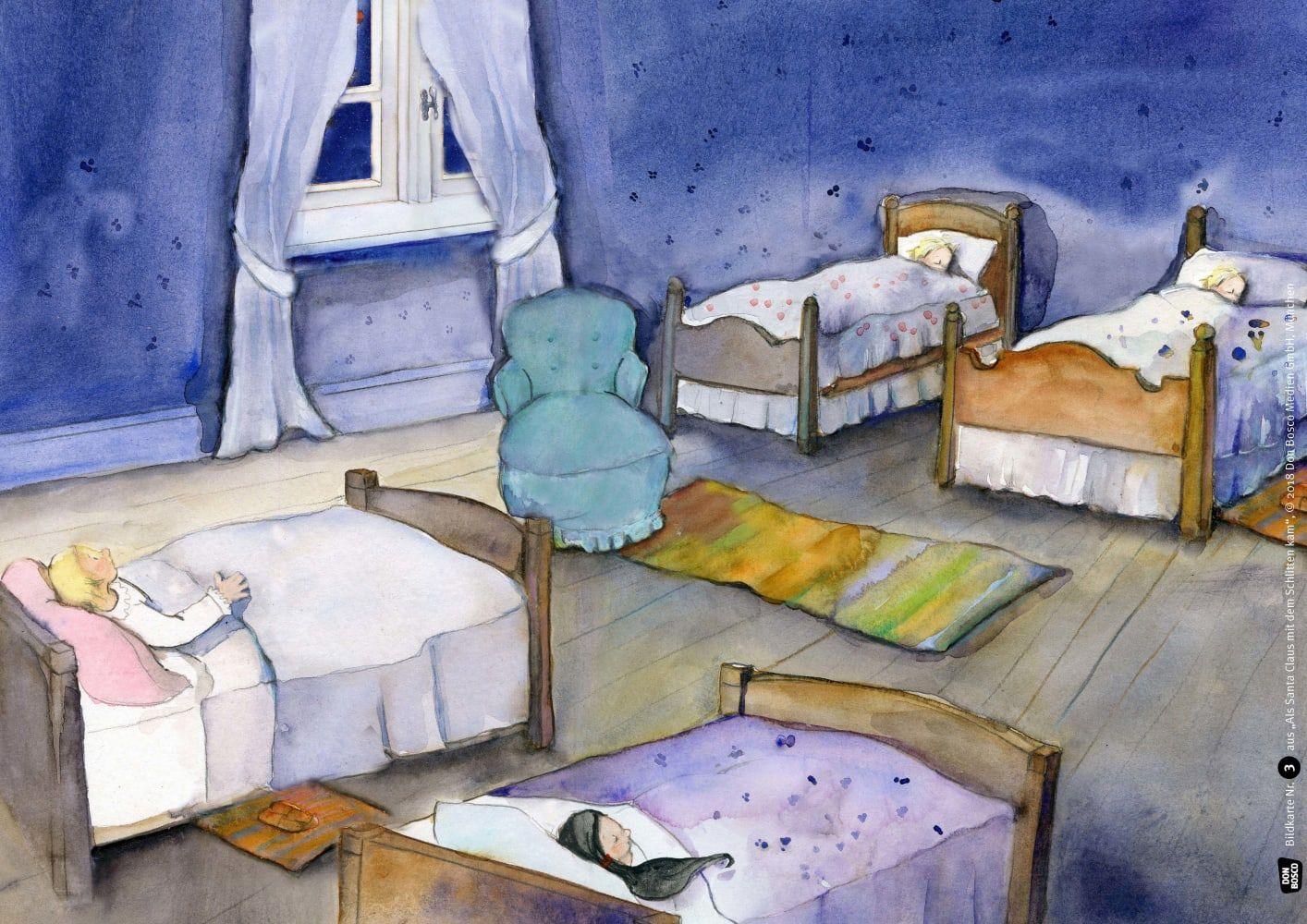 Beispielinhalt (Bild) Als Santa Claus mit dem Schlitten kam. Kamishibai Bildkartenset.