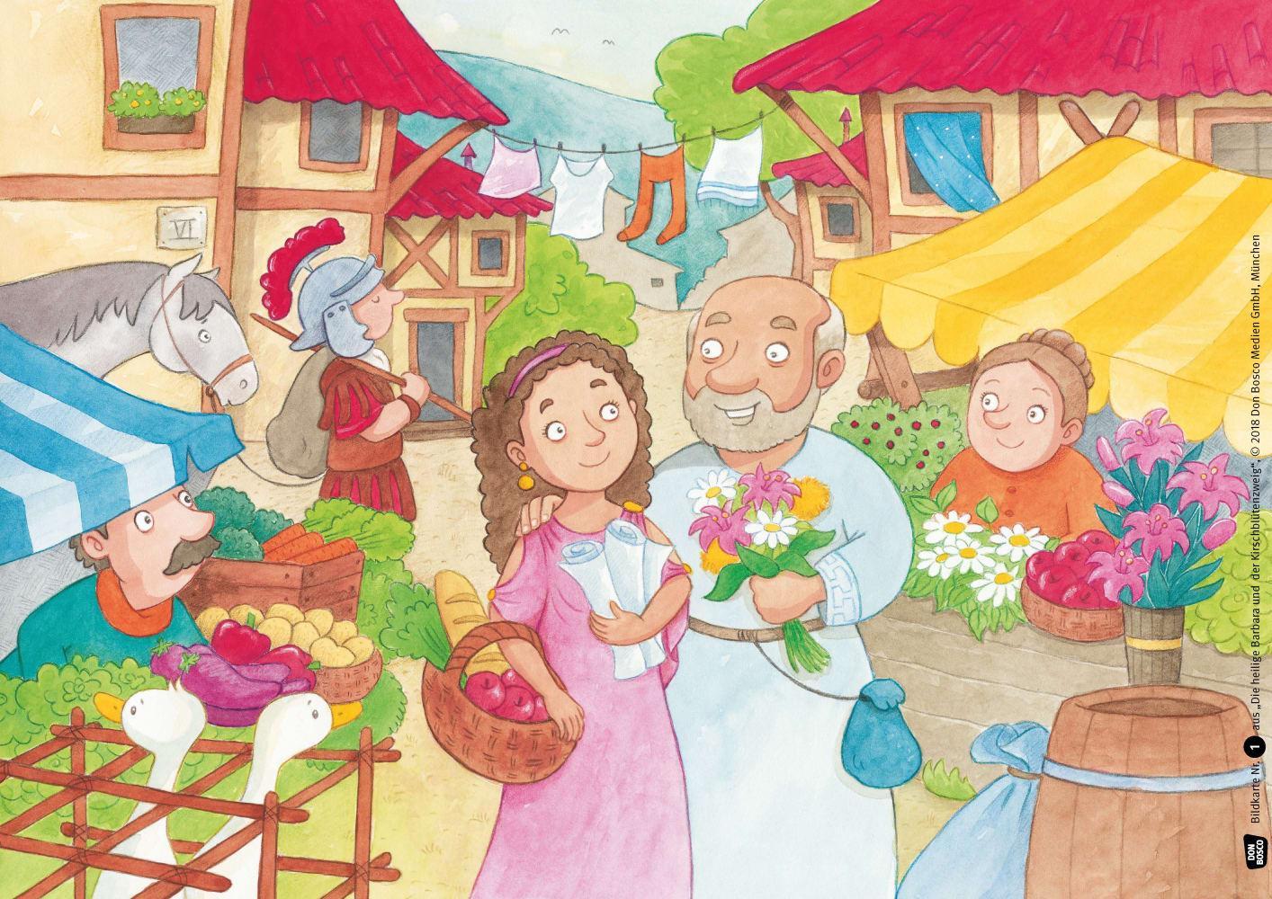 Beispielinhalt (Bild) Die heilige Barbara und der Kirschblütenzweig. Kamishibai Bildkartenset.