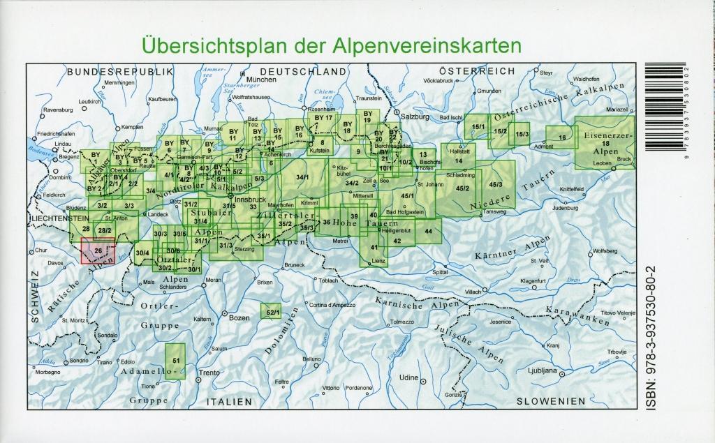 Beispielinhalt (Bild) DAV Alpenvereinskarte 26 Silvrettagruppe 1 : 25 000 mit Wegmarkierungen und Skirouten