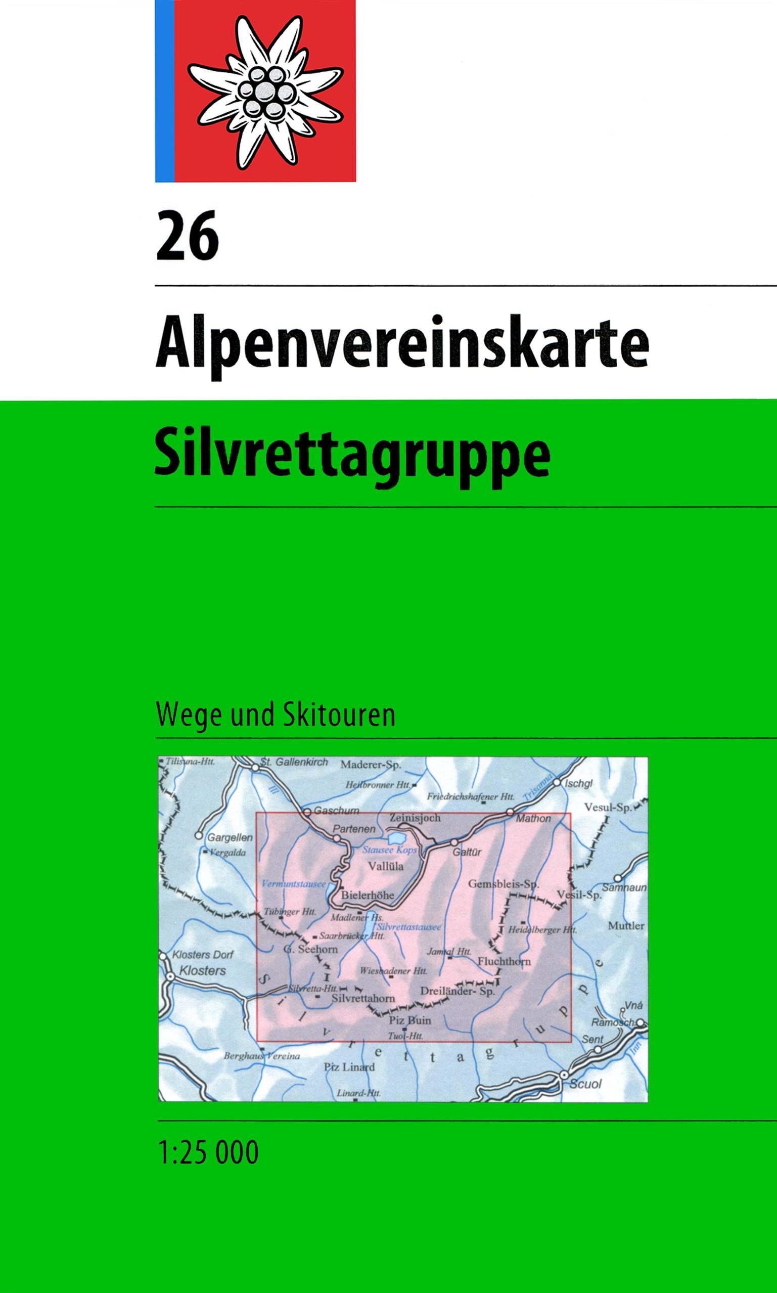 Vorderes Coverbild DAV Alpenvereinskarte 26 Silvrettagruppe 1 : 25 000 mit Wegmarkierungen und Skirouten