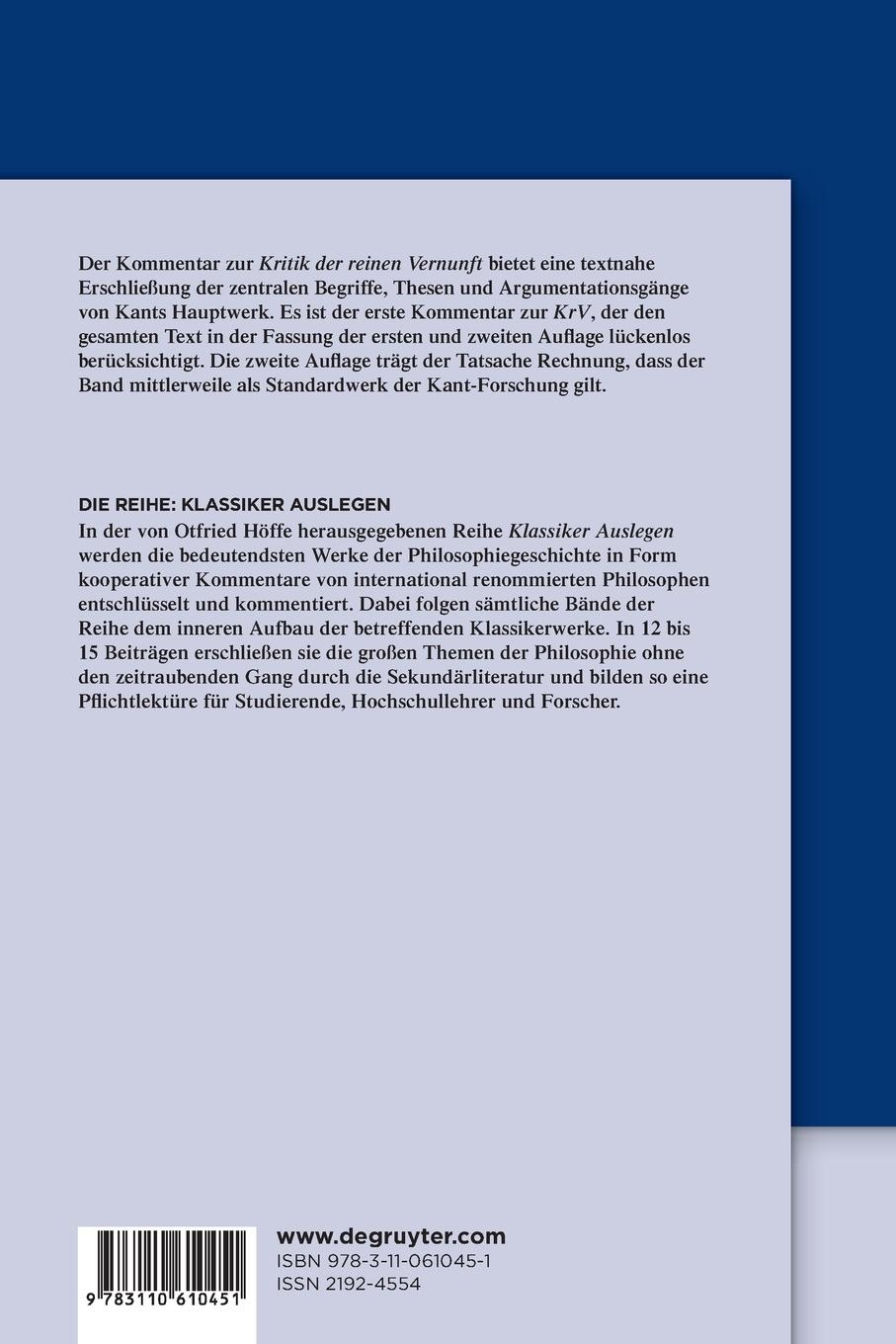 Rückseitencover Immanuel Kant: Kritik der reinen Vernunft