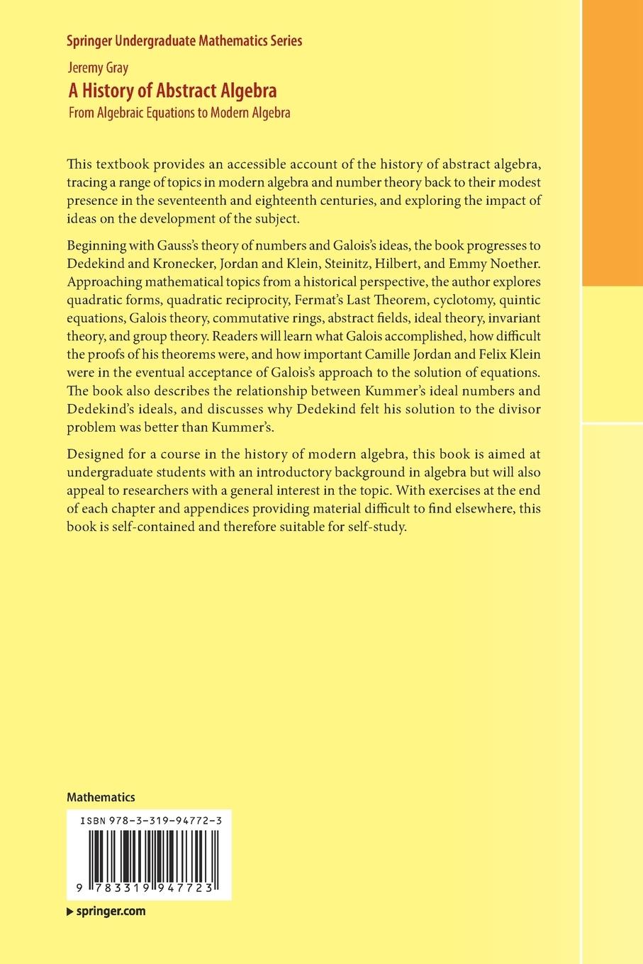 Rückseitencover A History of Abstract Algebra