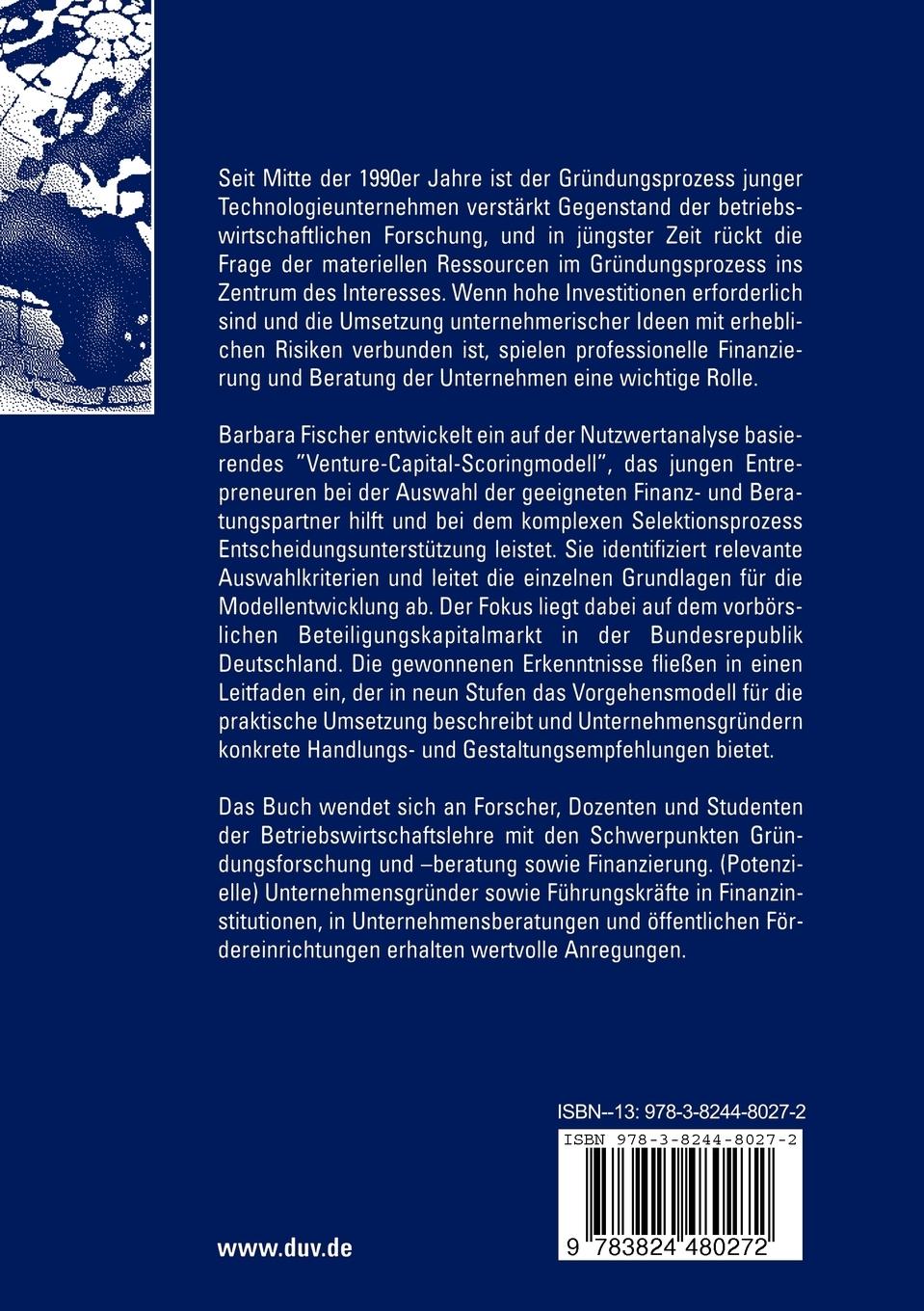 Rückseitencover Finanzierung und Beratung junger Start-up-Unternehmen