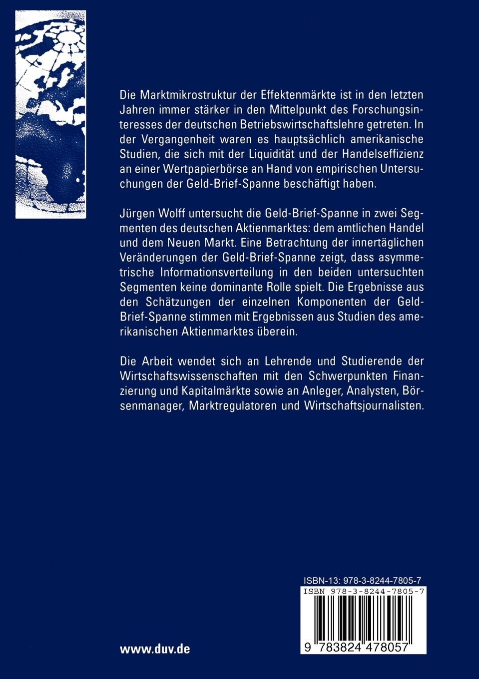 Rückseitencover Eine Intermarket-Analyse der Komponenten der Geld-Brief-Spanne