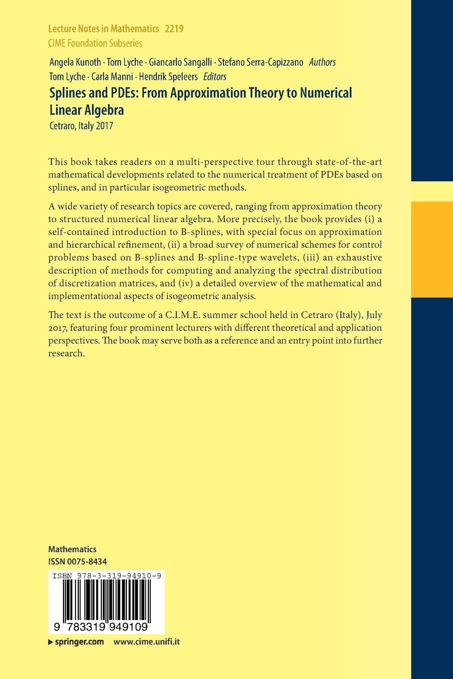 Rückseitencover Splines and PDEs: From Approximation Theory to Numerical Linear Algebra