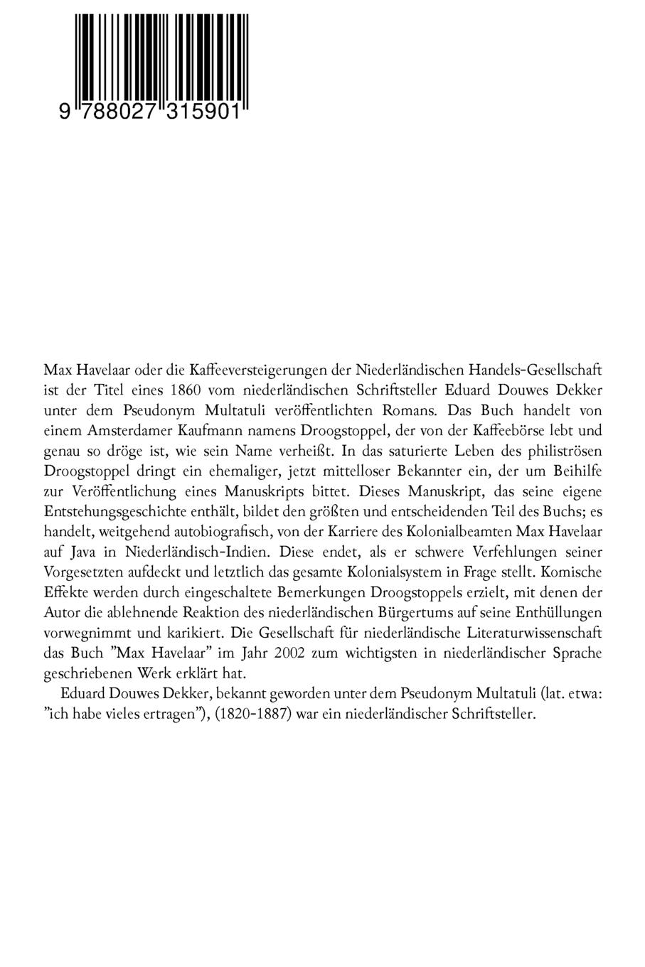 Rückseitencover Max Havelaar (Roman)