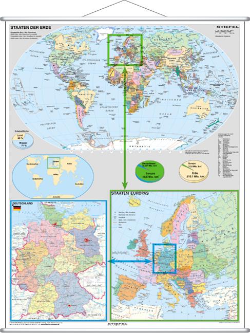 Vorderes Coverbild Deutschland und Europa in der Welt politisch. Wandkarte Großformat mit Metallstäben