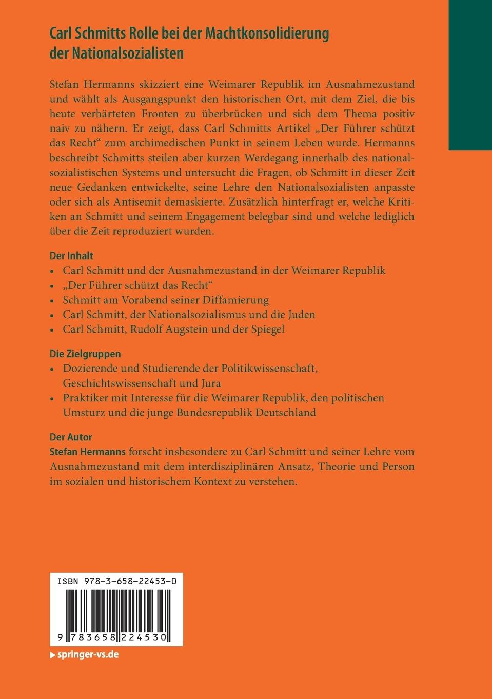 Rückseitencover Carl Schmitts Rolle bei der Machtkonsolidierung der Nationalsozialisten