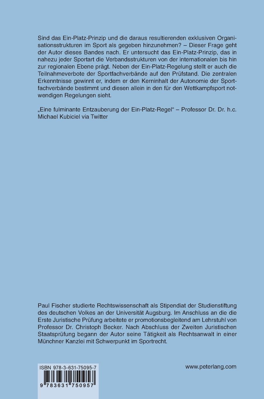 Rückseitencover Die Rolle des Ein-Platz-Prinzips in der Autonomie der Sportfachverbände