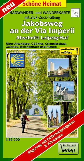 Vorderes Coverbild Radwander- und Wanderkarte mit Zick-Zack-Faltung Jakobsweg an der Via Imperii Leipzig-Hof