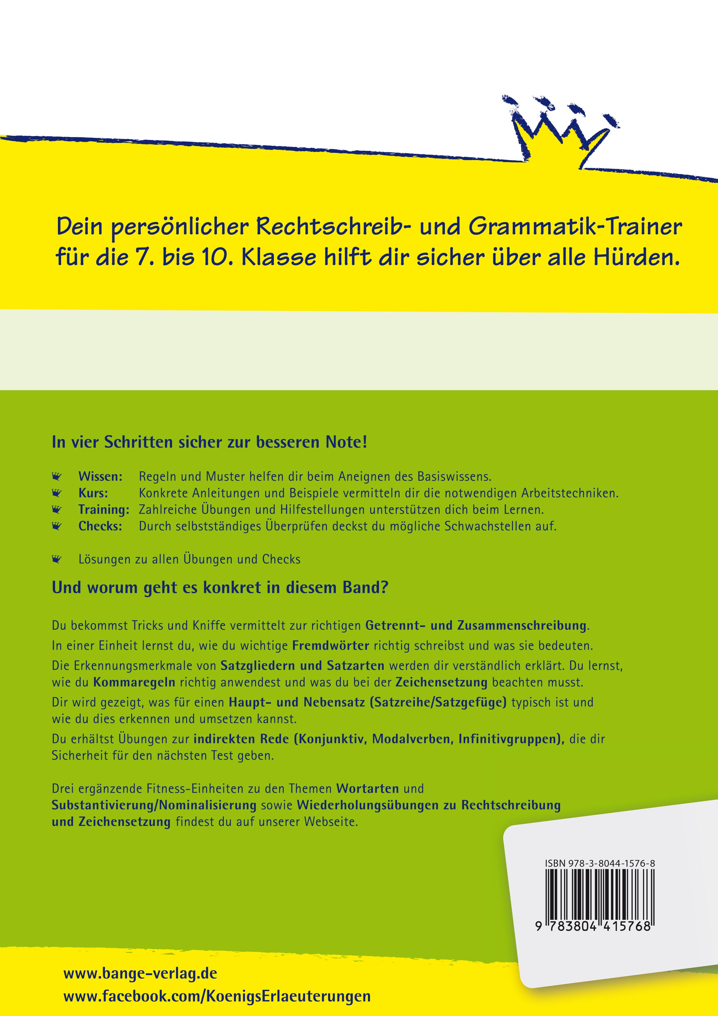 Rückseitencover Rechtschreibung, Grammatik und Zeichensetzung. Deutsch Klasse 7-10.