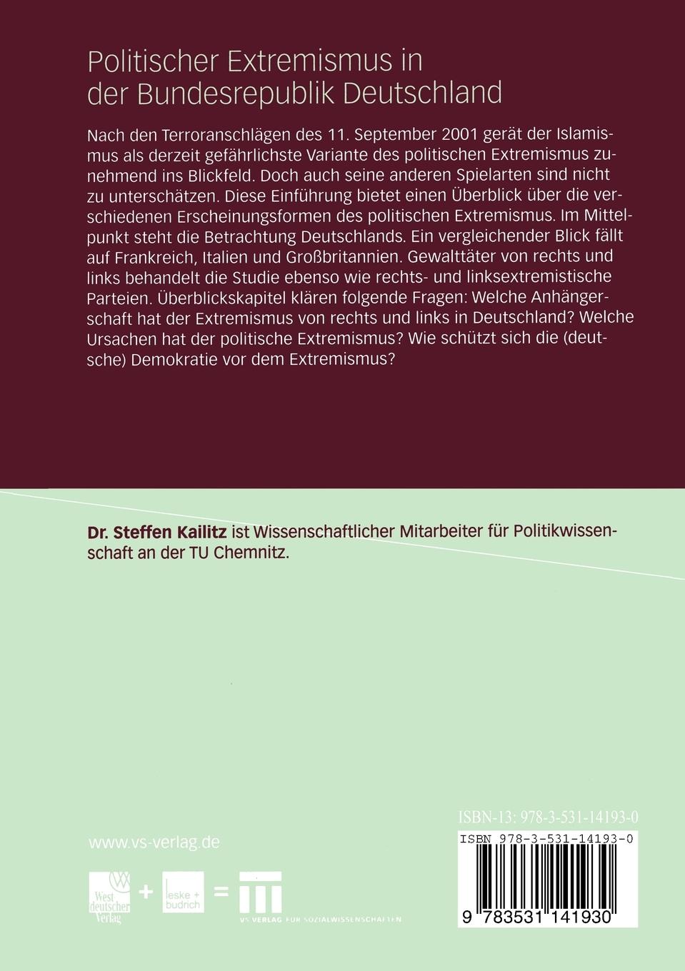Rückseitencover Politischer Extremismus in der Bundesrepublik Deutschland