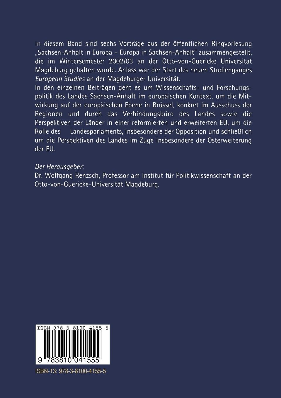 Rückseitencover Sachsen-Anhalt in Europa - Europa in Sachsen-Anhalt