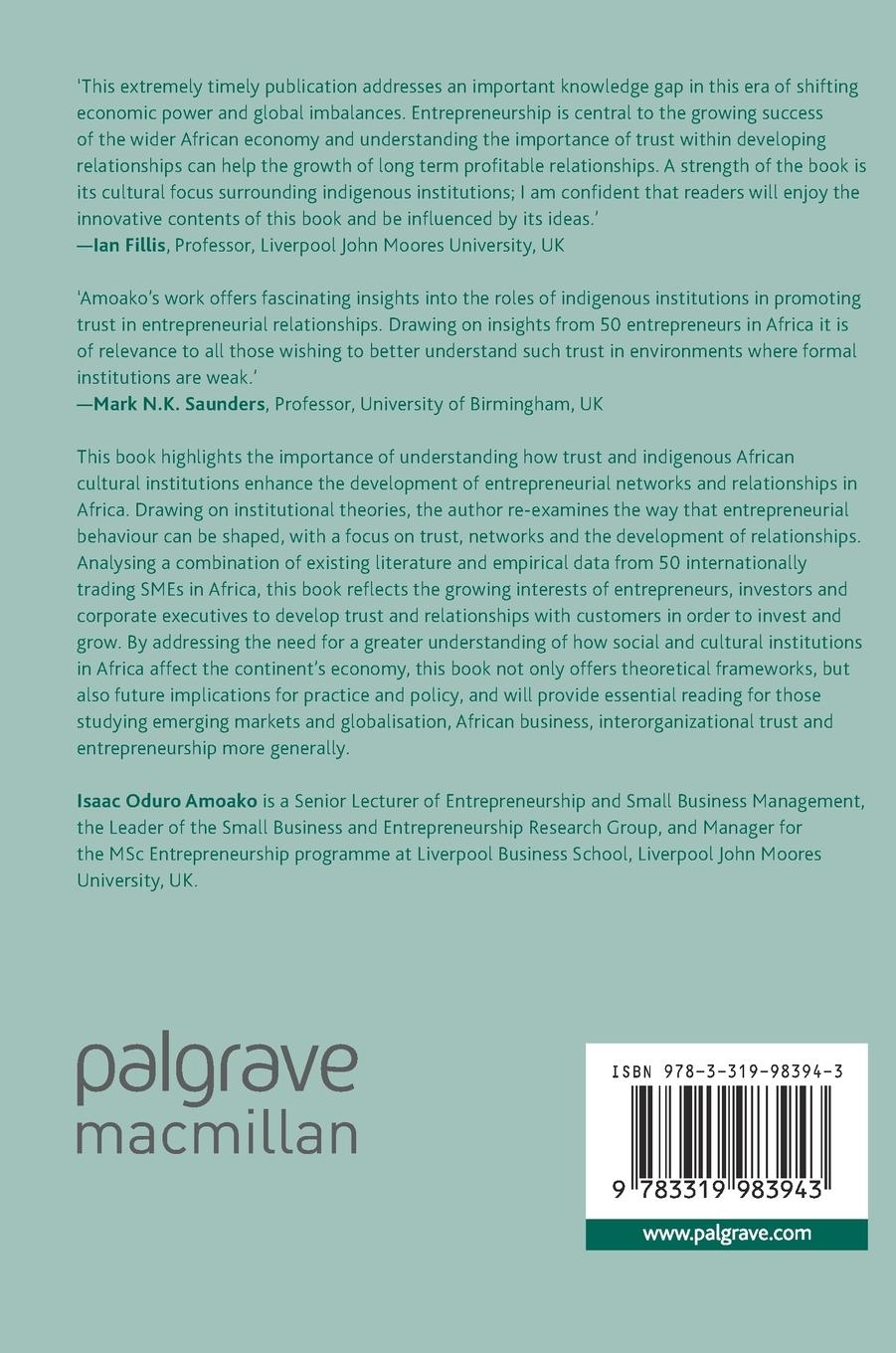 Rückseitencover Trust, Institutions and Managing Entrepreneurial Relationships in Africa