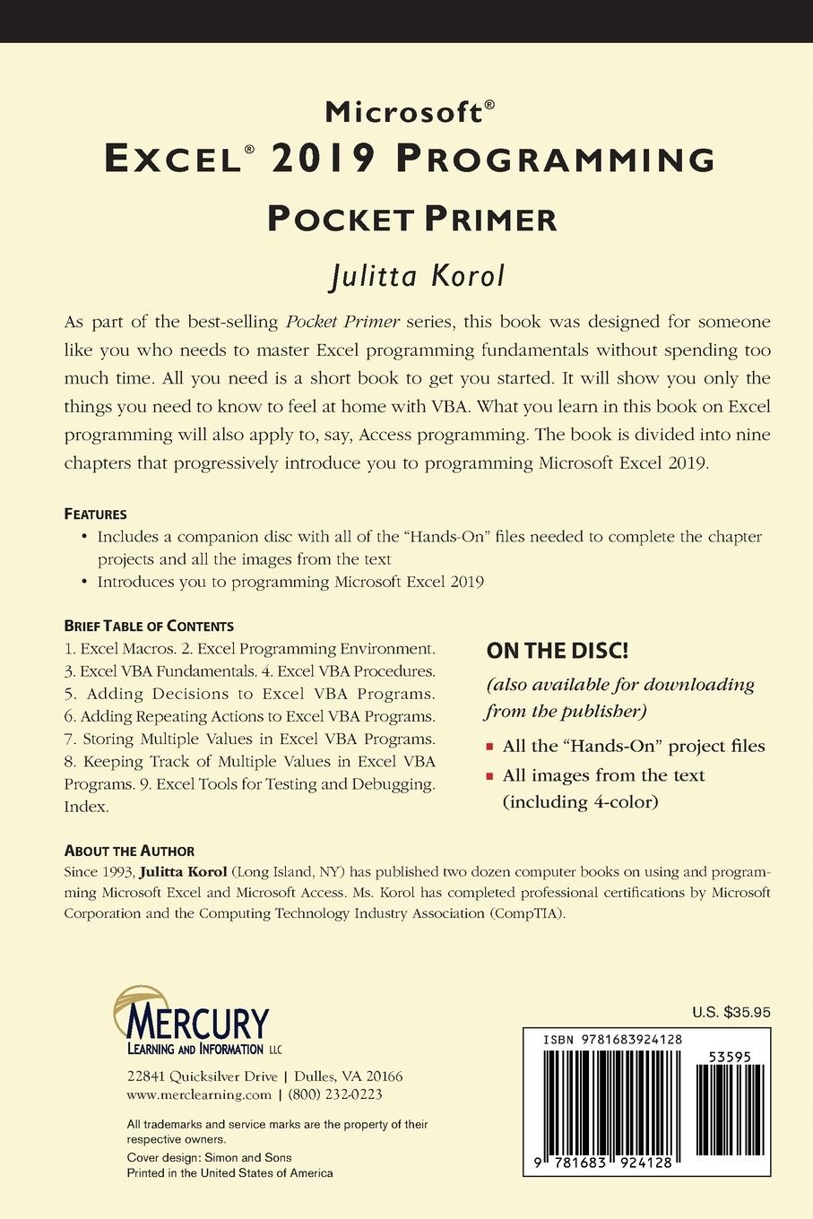 Rückseitencover Microsoft Excel 2019 Programming Pocket Primer
