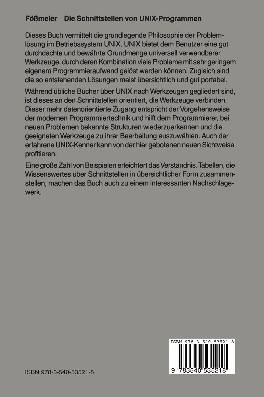 Rückseitencover Die Schnittstellen von UNIX-Programmen